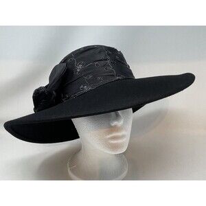 VTG Miss Bierner Wool Wide Brim Hat Black Sequin Ruched Satin Crown Floral Bow